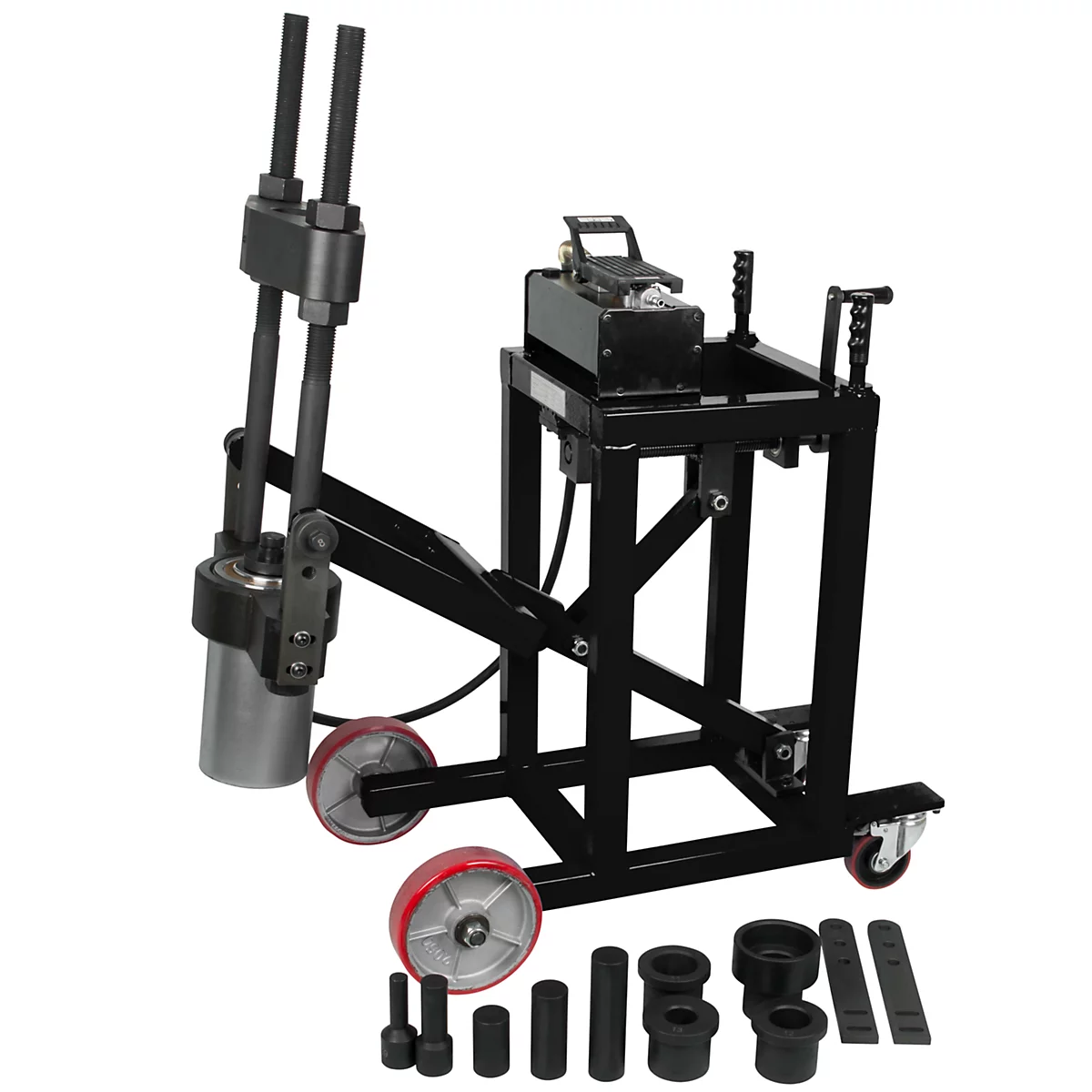 Schwarze Werkzeugmaschine mit Rädern, rot-silbernen Rädern und Zubehör.